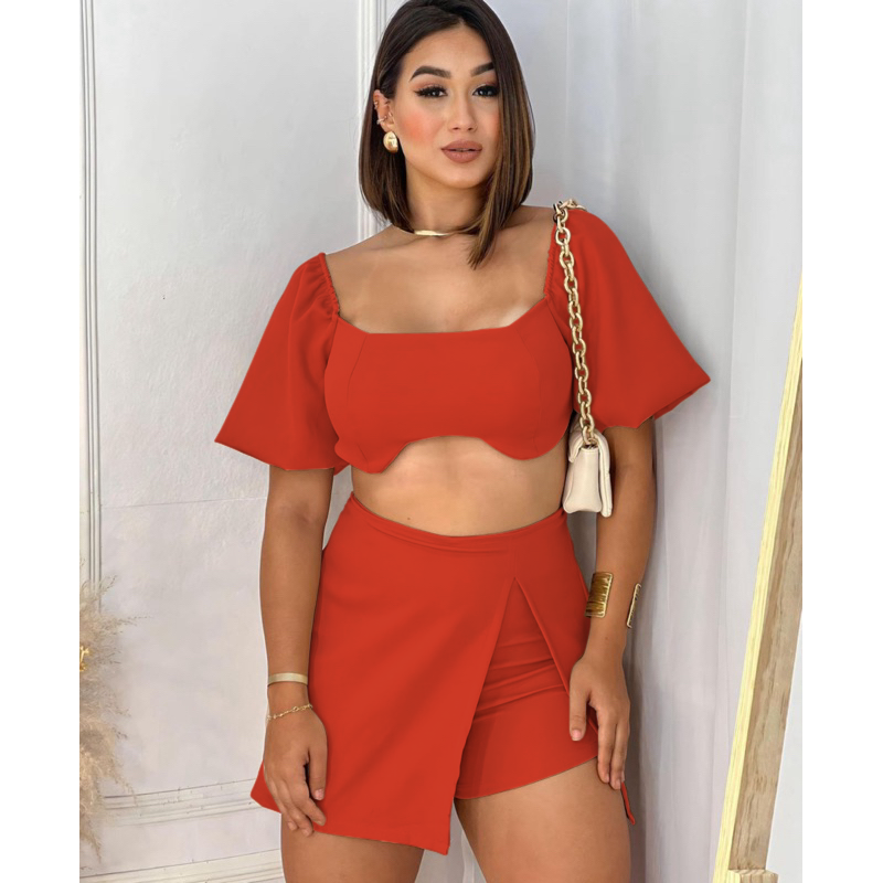 Conjunto Social Feminino – Short Saia Alfaiataria + Cropped com Amarração e Bojo, Puro Charme