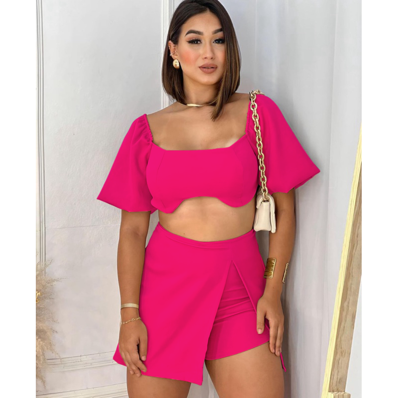 Conjunto Social Feminino – Short Saia Alfaiataria + Cropped com Amarração e Bojo, Puro Charme