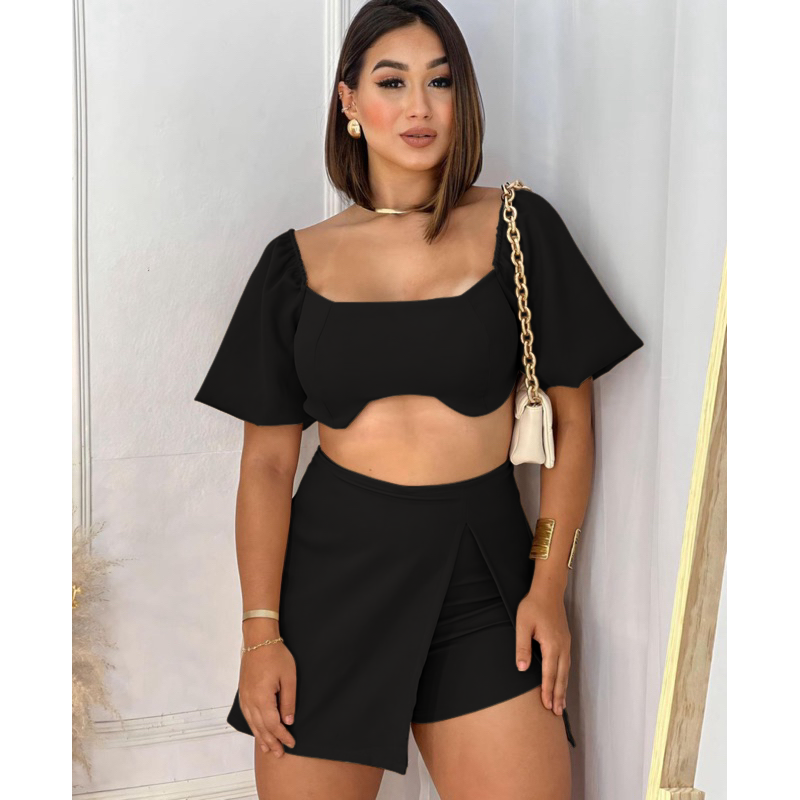 Conjunto Social Feminino – Short Saia Alfaiataria + Cropped com Amarração e Bojo, Puro Charme