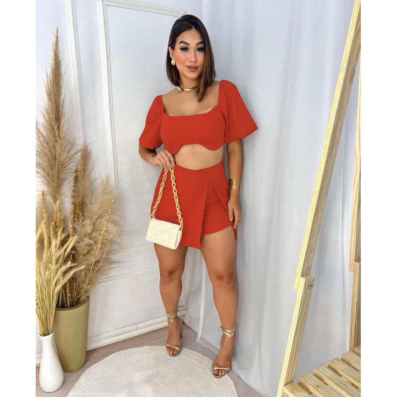 Conjunto Social Feminino – Short Saia Alfaiataria + Cropped com Amarração e Bojo, Puro Charme