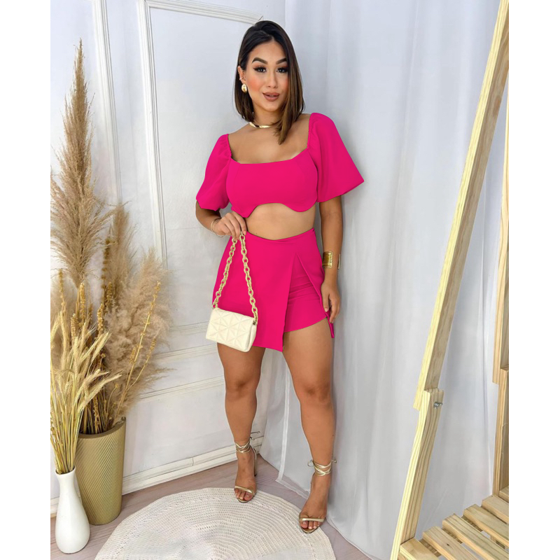 Conjunto Social Feminino – Short Saia Alfaiataria + Cropped com Amarração e Bojo, Puro Charme