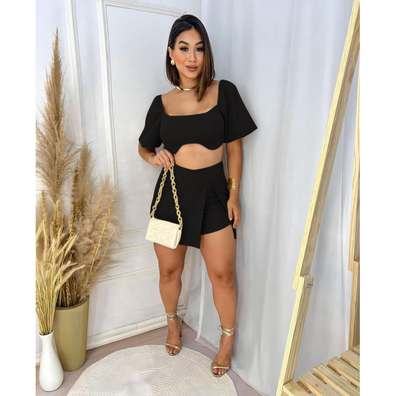 Conjunto Social Feminino – Short Saia Alfaiataria + Cropped com Amarração e Bojo, Puro Charme
